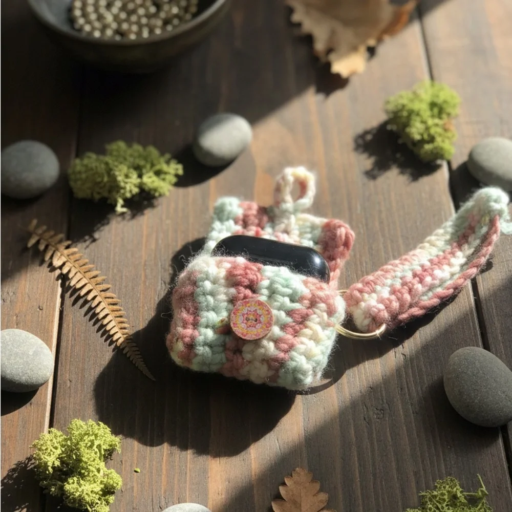 Pastel Sunset Variegated Crochet Earbud Holder – Boho Wristlet Case